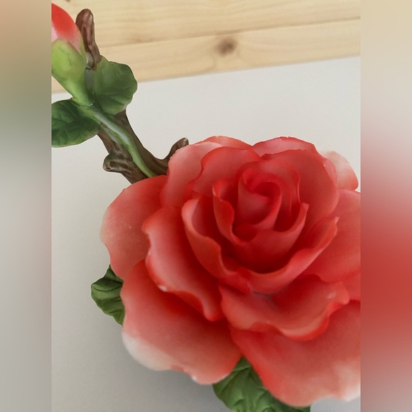 Vintage Coral Pink Porcelain Rose Figurine on Branch with Leaves Blooming Rose - Picture 9 of 9